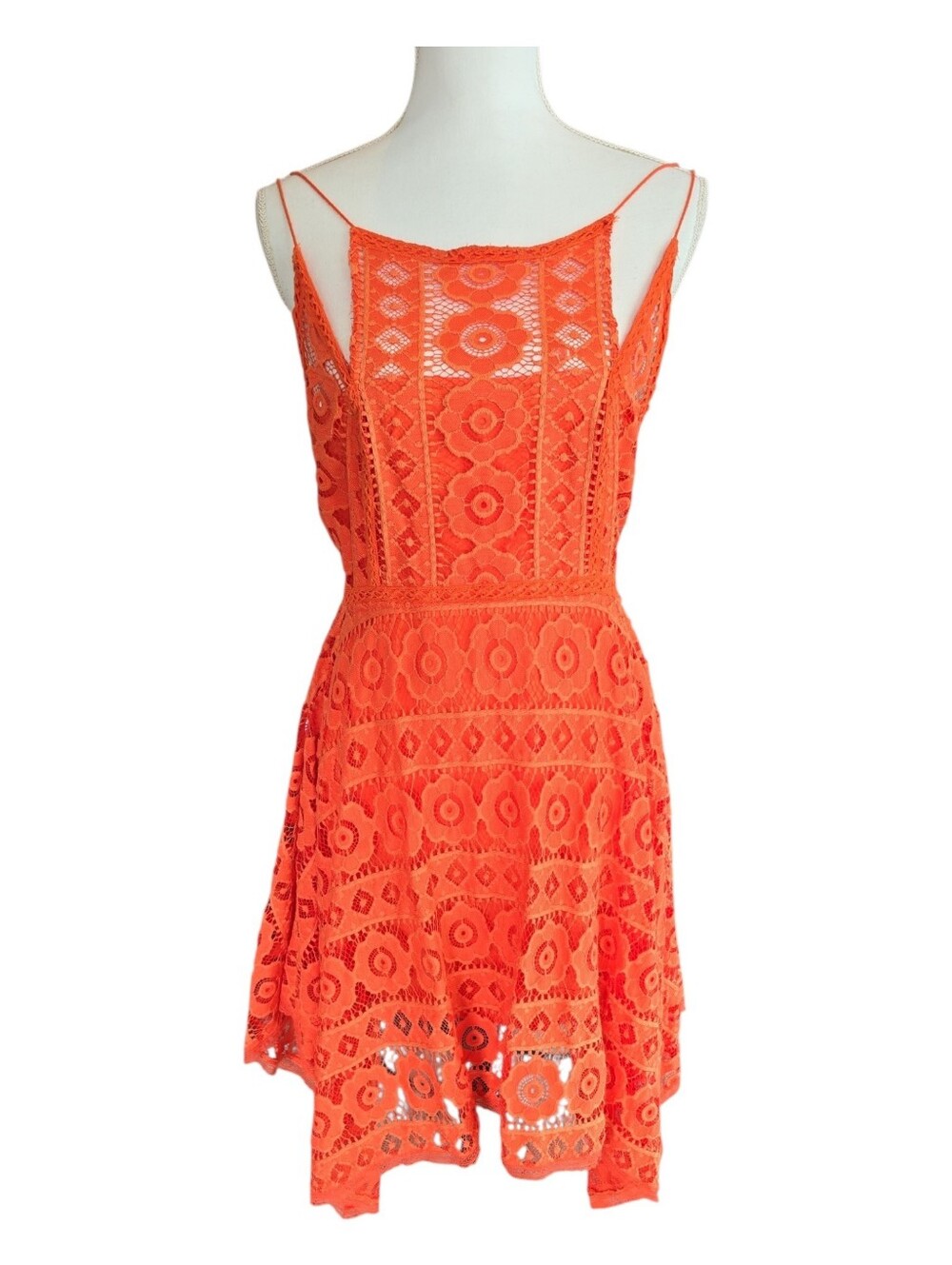 Free People Just Like Honey Crochet Lace Dress Size 8 Orange Handkerchief Hem - Picture 3 of 10